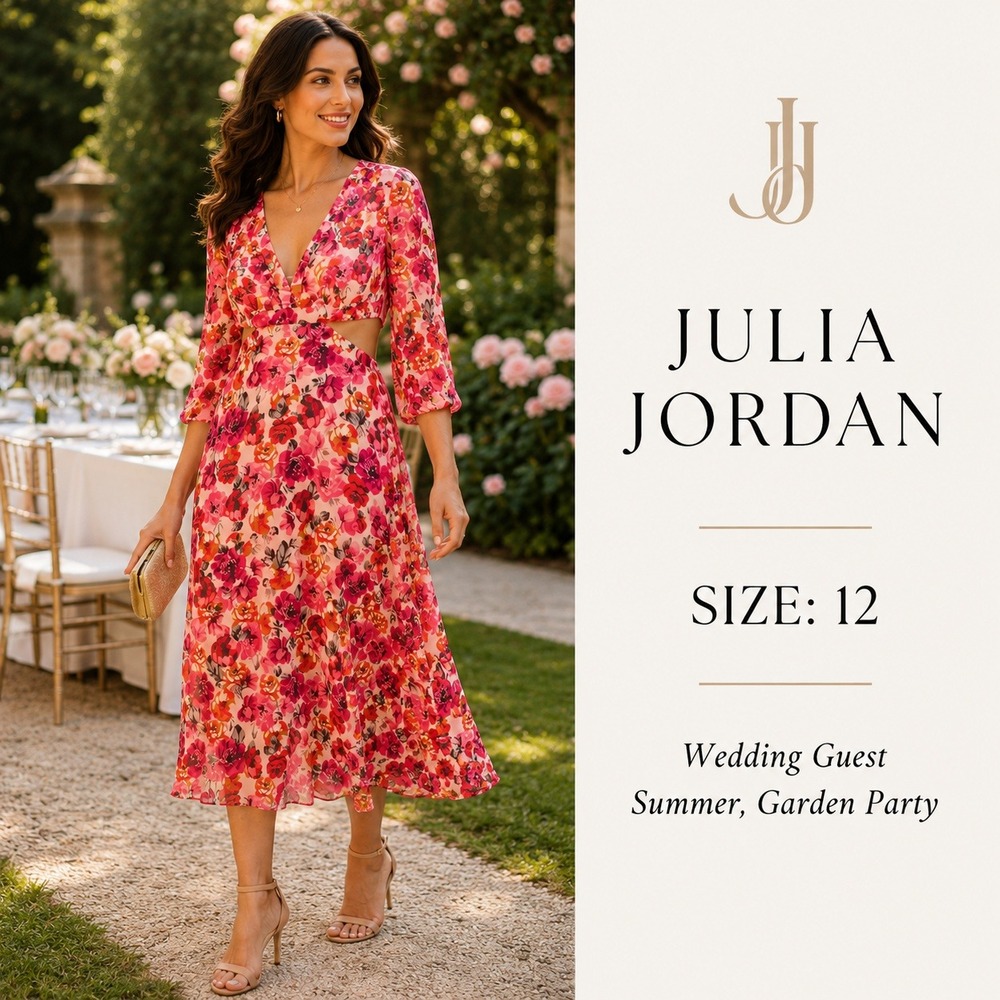 Julia Jordan Midi Dress‎ Womens 12 Pink Floral Cutout Balloon Sleeve Romantic
